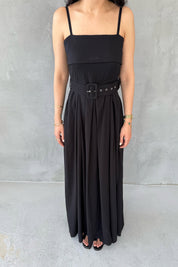 Siyah Geniş Pileli Kemerli Elbise SY-3070-Siyah