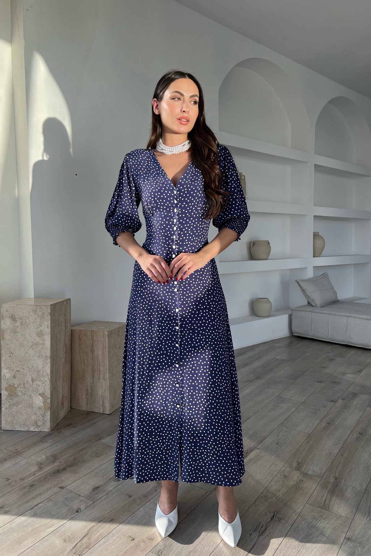 Lacivert Puantiyeli Arka Bel ve Kol Ucu Gipeli Elbise SY-1727-Lacivert