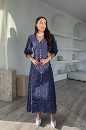 Lacivert Puantiyeli Arka Bel ve Kol Ucu Gipeli Elbise SY-1727-Lacivert