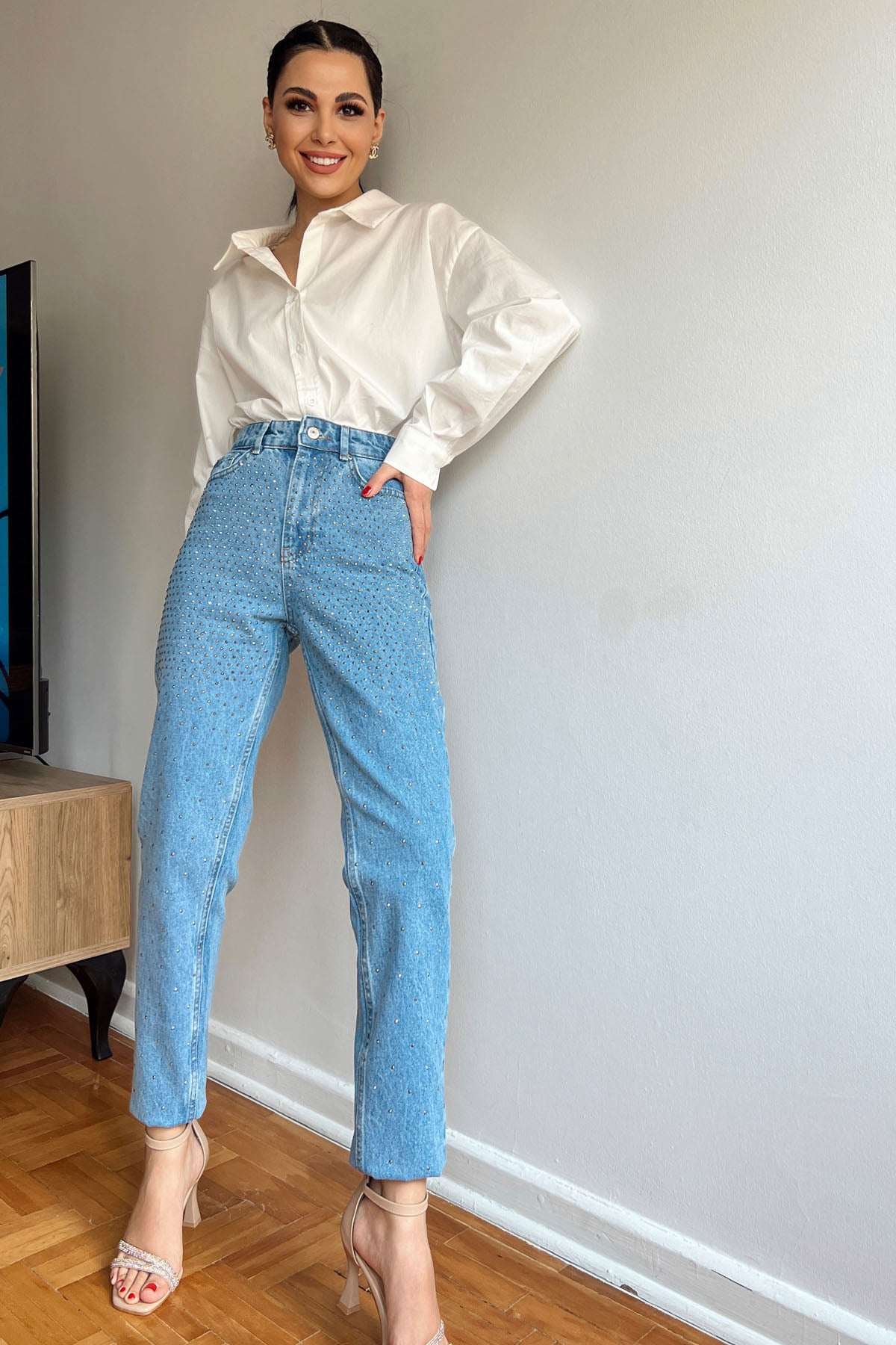 Koyu Mavi Taşlı Yüksek Bel Mom Fit Jean SY-0004-Koyu Mavi