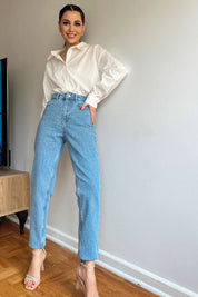 Koyu Mavi Taşlı Yüksek Bel Mom Fit Jean SY-0004-Koyu Mavi