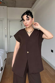 Acı Kahve Gold Düğme Detaylı Asimetrik Kesim Yelek Pantolon Takım SY-3004-Kahve