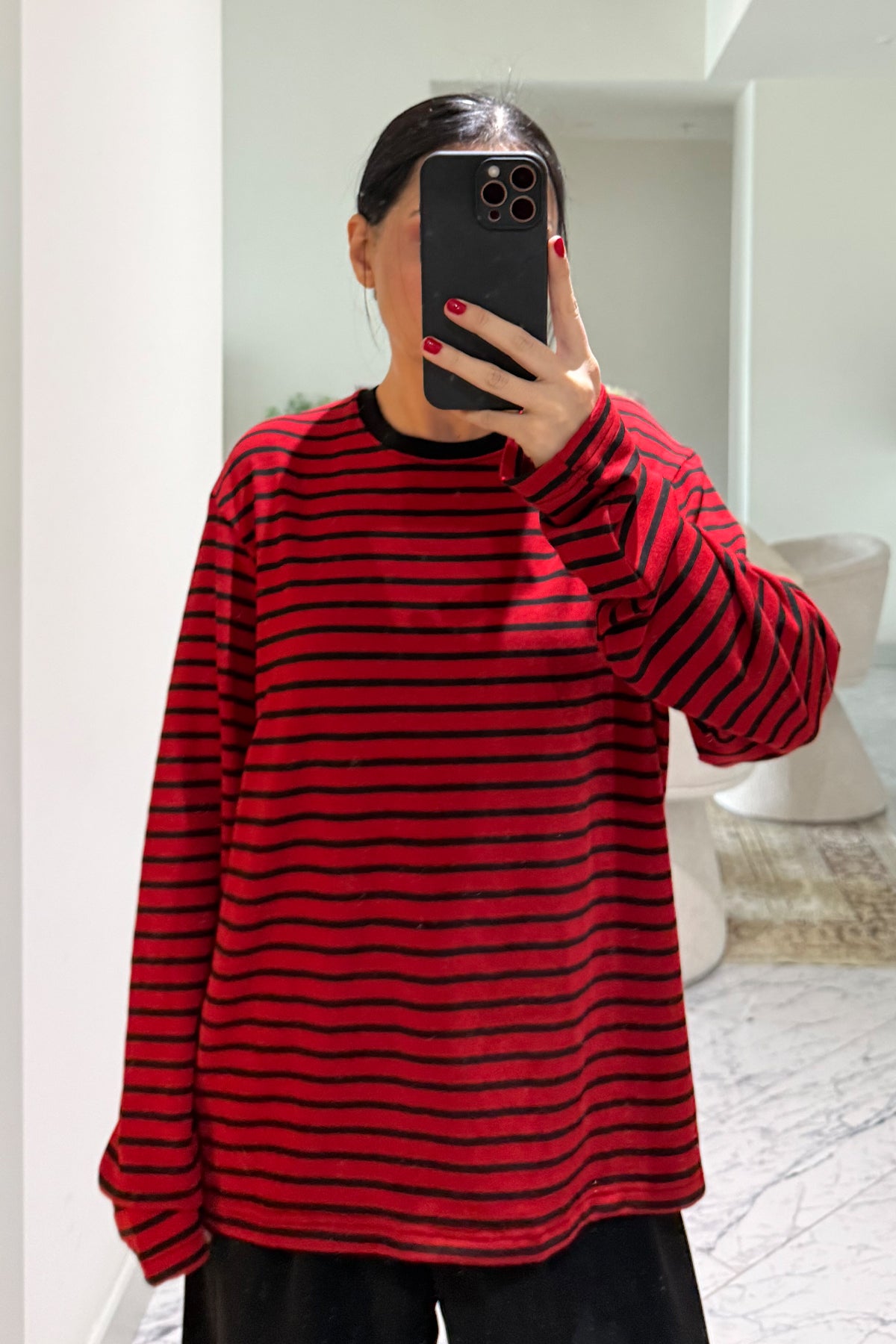 Kırmızı-Siyah Biisiklet Yaka Çizgili Likralı Uzun Kollu T-Shirt SY-3645-Kırmızı