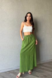 Yeşil Beli Bağlama Detaylı Uzun Keten Etek SY-2154-Yeşil