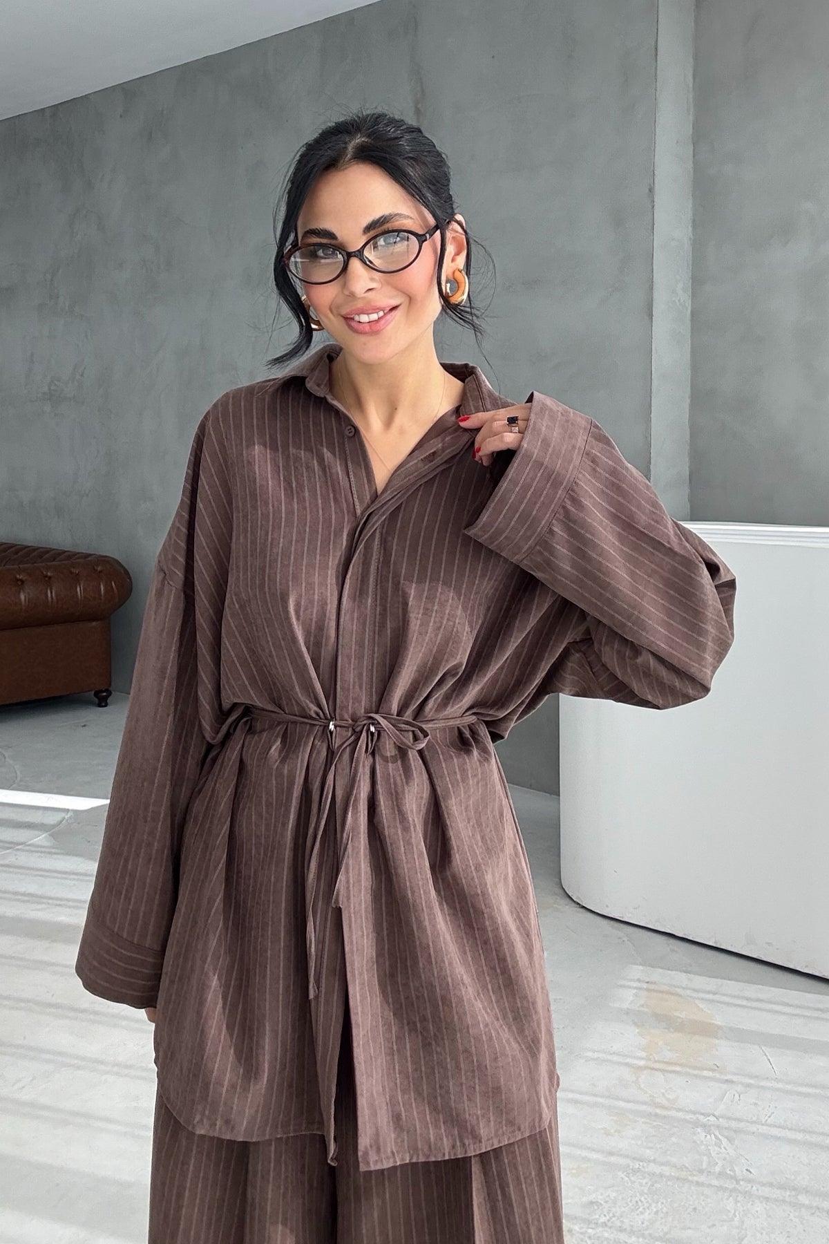 Kahve Çizgili Pantolon Üst Takım SY-3431-Kahve