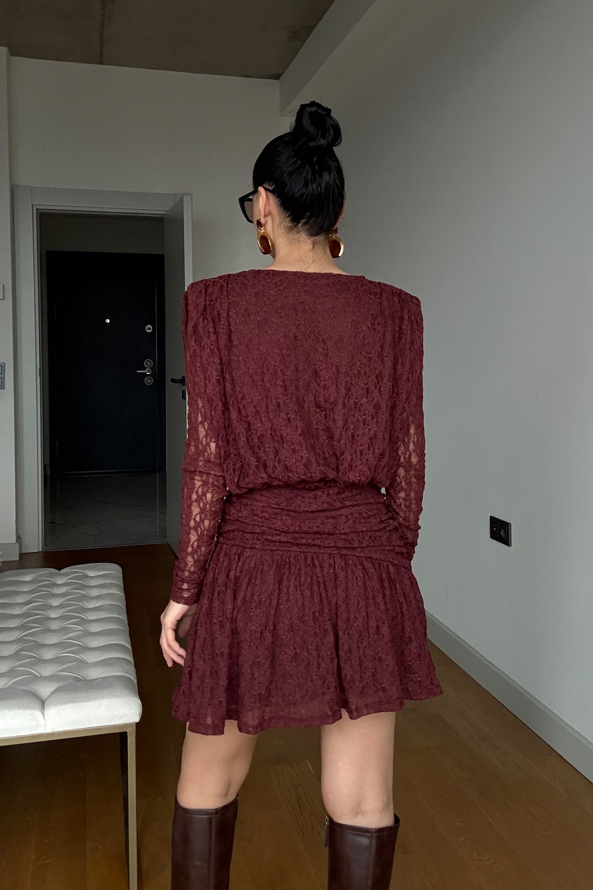 Bordo Güpürli Midi Tasarım Elbise SY-3489-Bordo