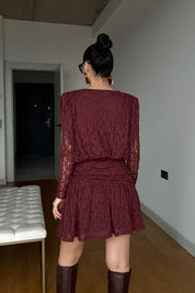 Bordo Güpürli Midi Tasarım Elbise SY-3489-Bordo