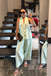 %100 Keten Su Yeşili Yelek Pantolon Takım SY-3763-Su Yeşili