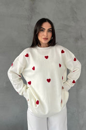 Ekru Kalp Nakışlı Triko Kazak SY-2387-Ekru