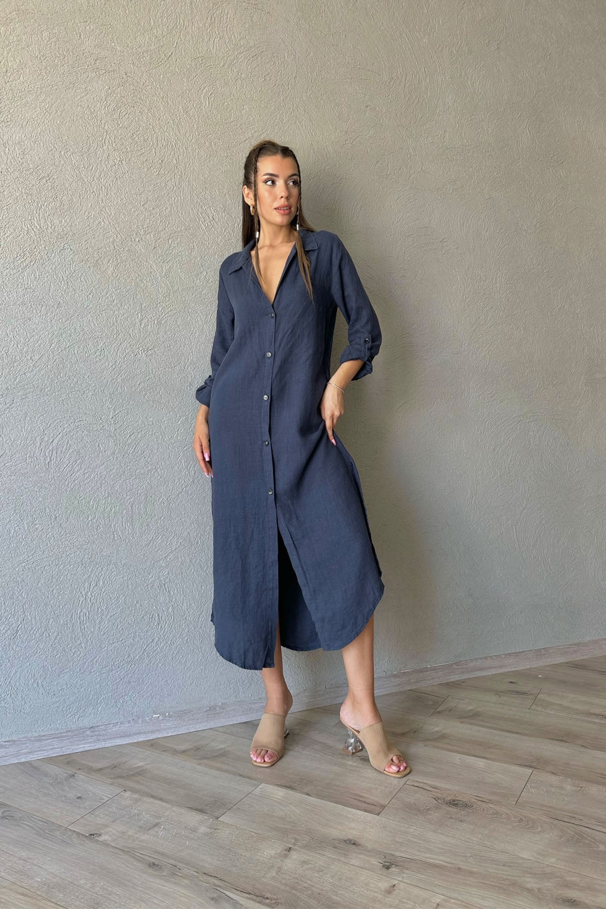 Lacivert Polo Yaka Düğmeli Yandan Yırtmaçlı Keten Elbise SY-0658-Lacivert