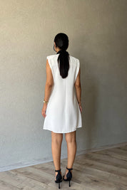 Ekru Garnili Sıfır Kol Crep Elbise SY-1972-Ekru