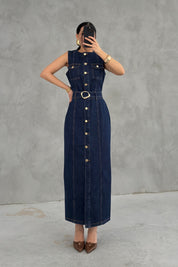 Gol Düğmeli Sıfır Kol Denim Elbise SY-3638-Mavi