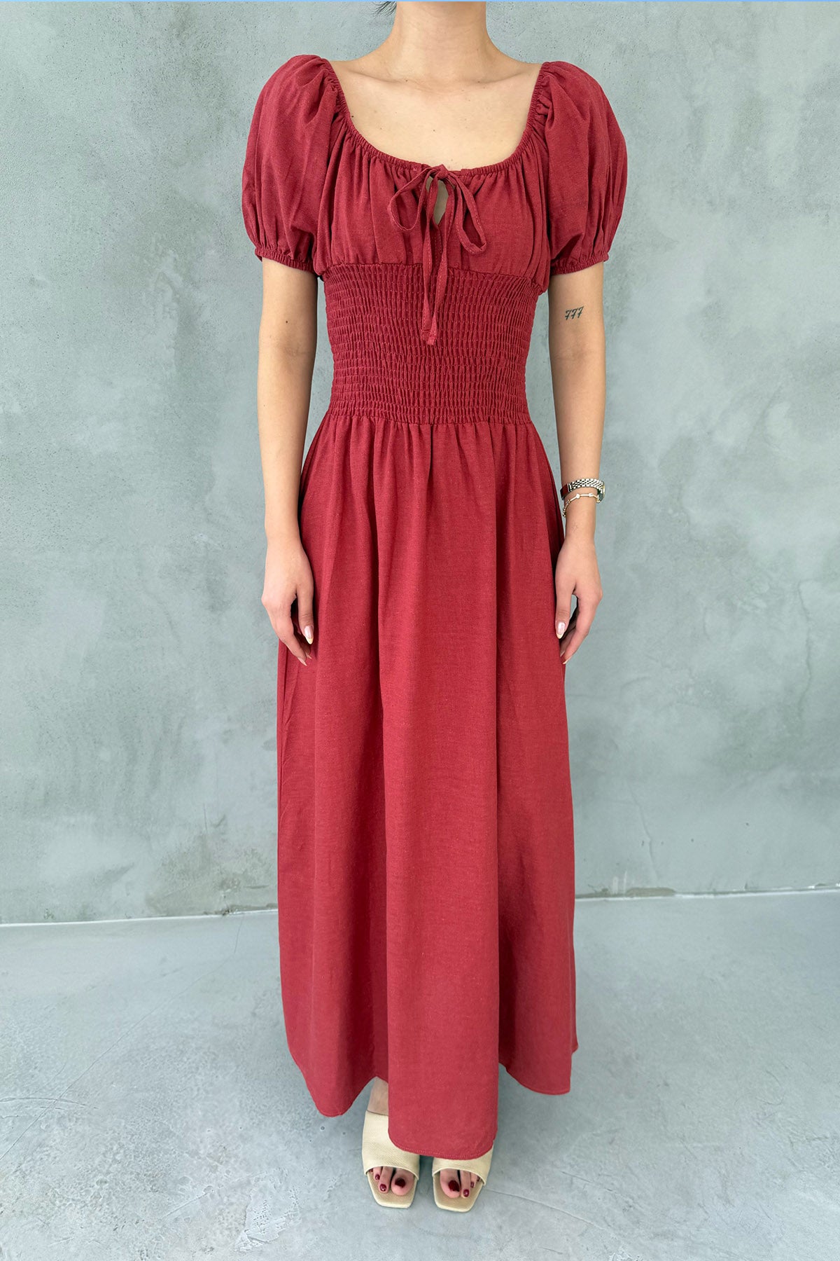 Bordo Önü Gipeli Kısa Kol Elbise SY-3005-Bordo