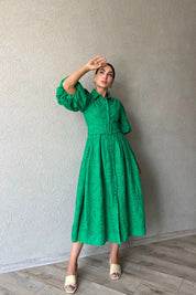 Yeşil Balon Kol Pile Detaylı Kemerli Brode Elbise SY-2084-Yeşil