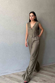 Haki Pile Detaylı Rahat Kesim Keten Pantolon SY-2097-Haki