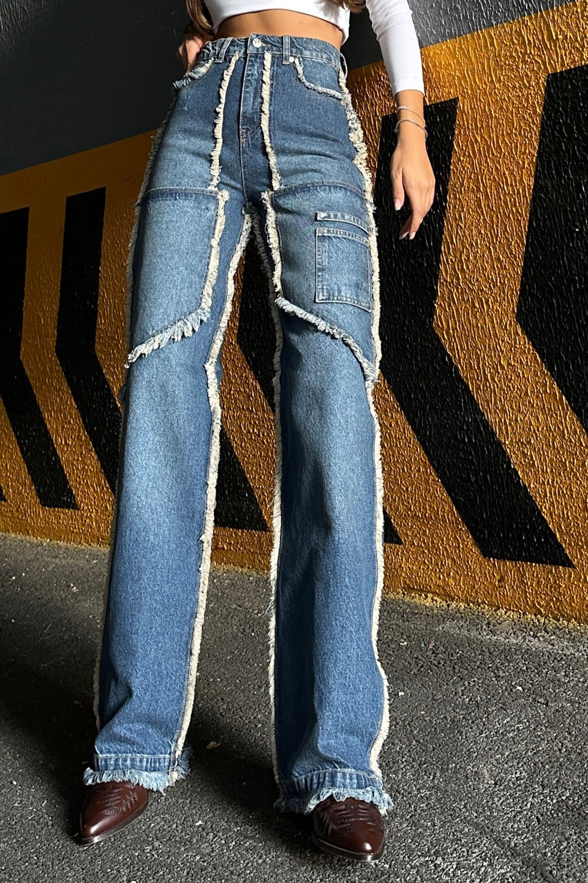 Mavi Püsküllü Cep Detaylı Wide Leg Yüksek Bel Jean SY-1050-Mavi