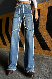 Mavi Püsküllü Cep Detaylı Wide Leg Yüksek Bel Jean SY-1050-Mavi