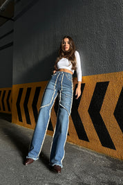 Mavi Püsküllü Cep Detaylı Wide Leg Yüksek Bel Jean SY-1050-Mavi