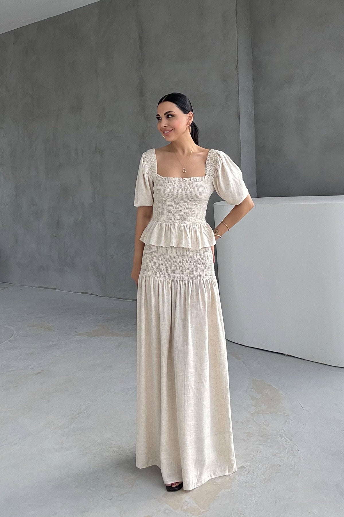 Taş Gipeli Keten Bluz ve Etek Takım SY-3238-Taş