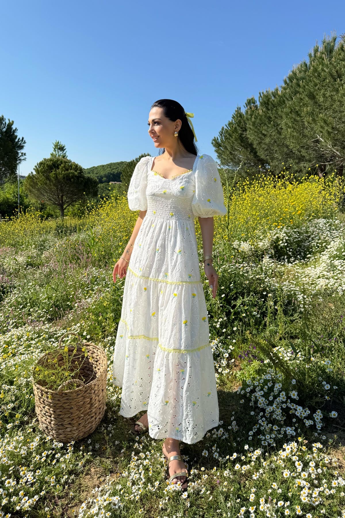 Beyaz Sarı Çiçekli Balon Kol Elbise SY-2267-Sarı