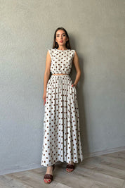 Kahve Puantiyeli  Keten Lastik Detaylı Uzun Etek ve Crop Takım SY-0516-Kahve