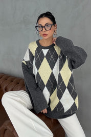 Antrasit ve Sarı Renkli Baklava Desenli Kazak SY-3408-Antrasit