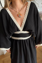 Bohem Siyah Müslin İdra Elbise SY-3247-Siyah