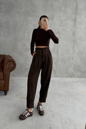 Kahverengi Beli Bağcıklı Pantolon SY-2951-Kahverengi