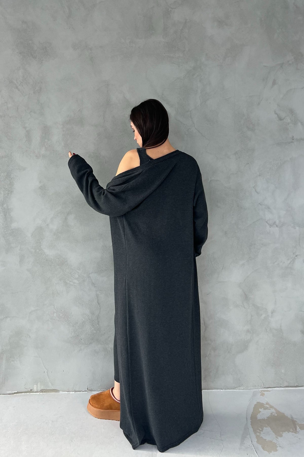 Antrasit V Yaka Uzun Elbise Hırka Triko Takım SY-2716-Antrasit