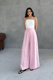 Pembe Çift Düğmeli Keten Pantolon SY-2228-Pembe