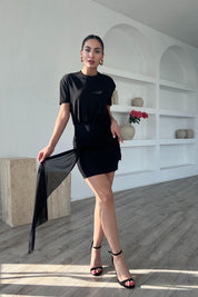 Siyah Premium Tül Detaylı T-shirt Elbise SY-1830-Siyah