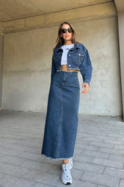 Koyu Mavi Önden Parça Detaylı Arkadan Yırtmaçlı Denim Etek ve Ceket Takım SY-1052-Koyu Mavi