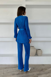Saks Mavisi Piliseli Kuşaklı Bluz ve Pantolon Takım SY-0411-Saks Mavisi