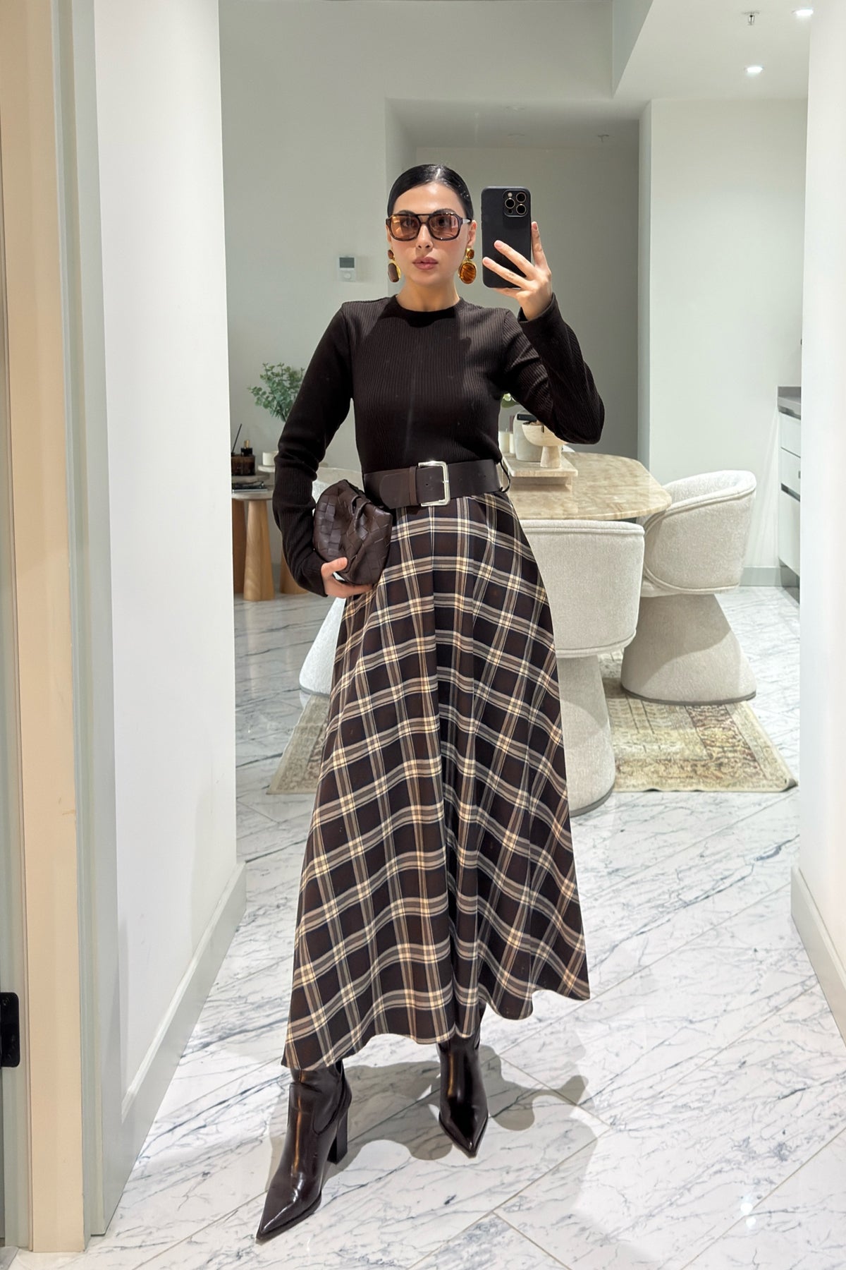 Örme Ekose Detaylı Kemerli Elbise SY-3615-Kahverengi