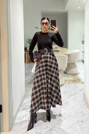 Örme Ekose Detaylı Kemerli Elbise SY-3615-Kahverengi