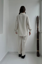 Bej Belden Pens Dikişli Bol Paça Gömlekli Keten Takım SY-0357-Bej