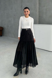 Siyah Tül Garnili Kemerli Midi Etek SY-3394-Siyah