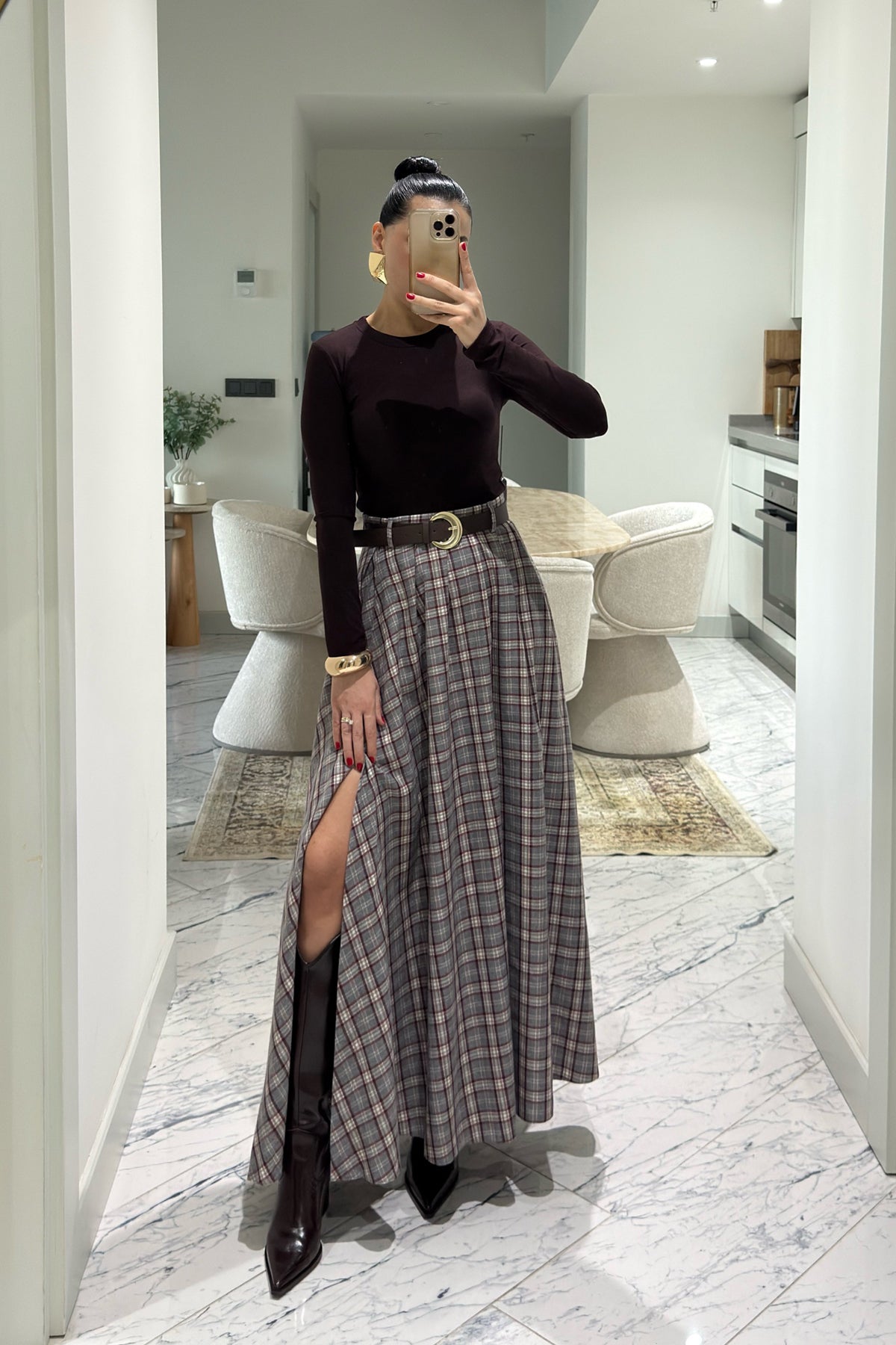 Ekose Desenli Yırtmaç Detaylı Grili Bordo Çizgili Kloş Etek SY-3494-Gri