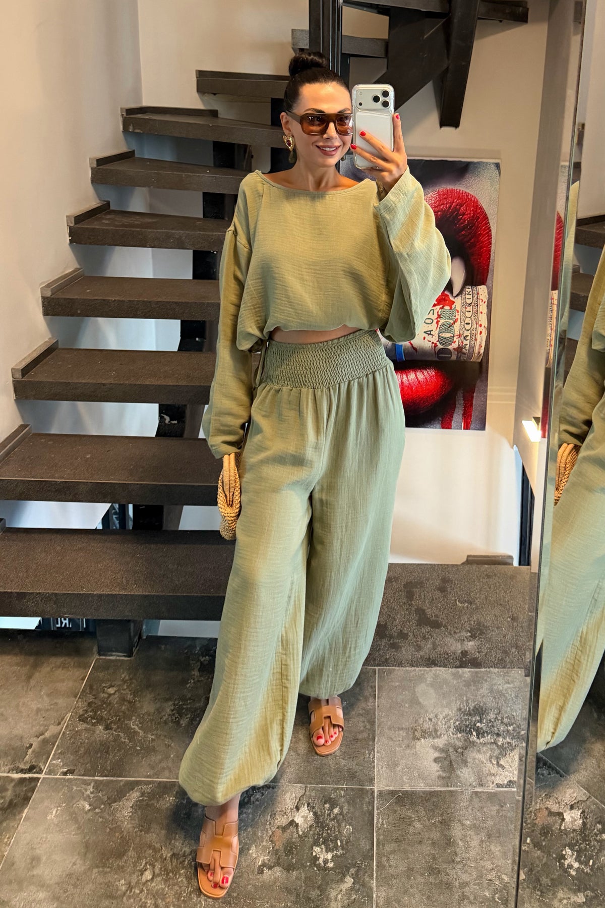 Haki Gipeli Bel Pantolonlu Müslin Takım SY-3783-Haki