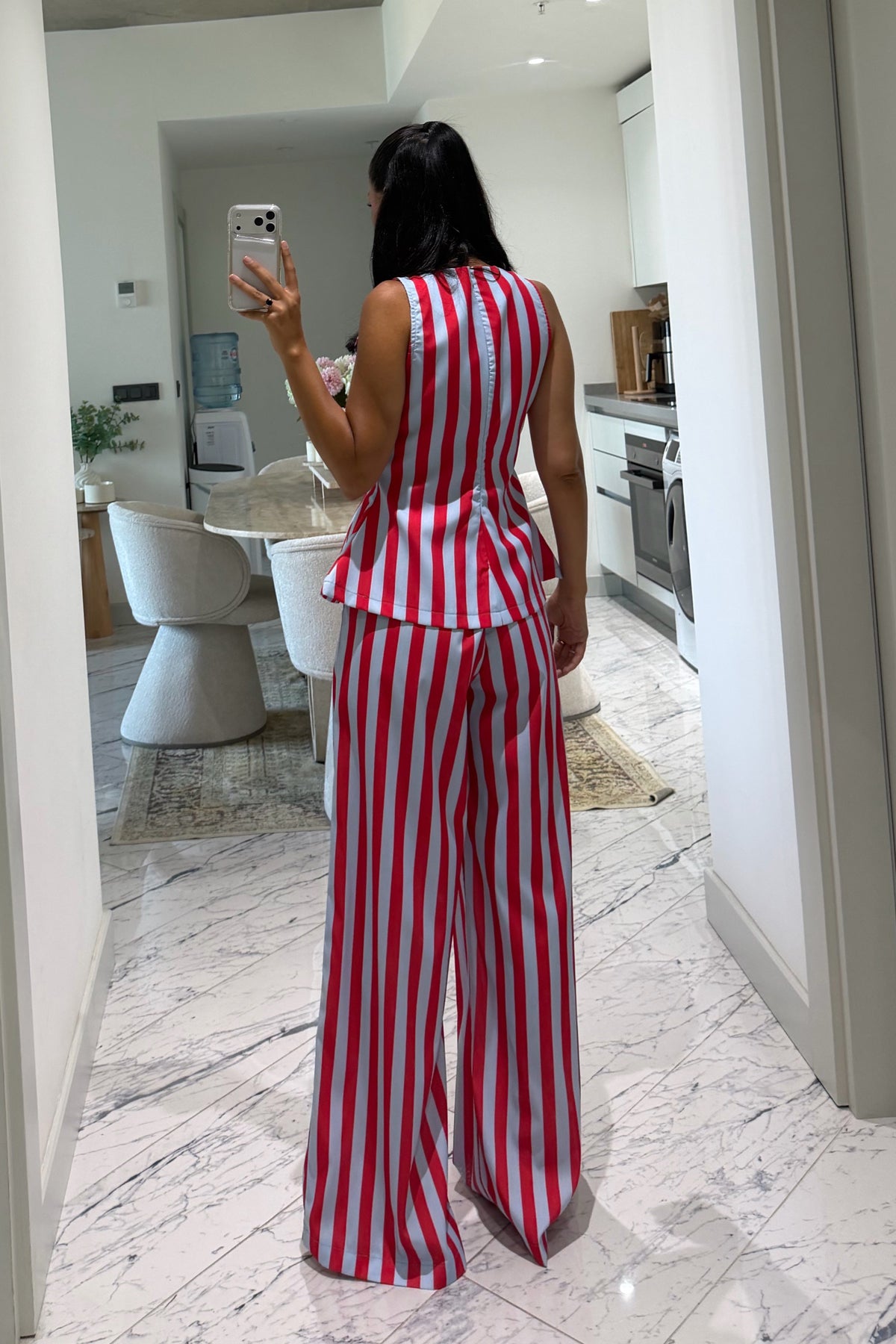 Kırmızı Mavi Çizgili Peplum Bluz Pantolon Takım SY-3790-Kırmızı
