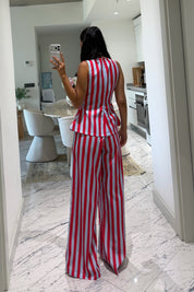 Kırmızı Mavi Çizgili Peplum Bluz Pantolon Takım SY-3790-Kırmızı