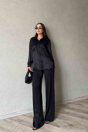 Siyah Saten Düğme Detaylı Gömlek Pantolon Takım SY-2008-Siyah