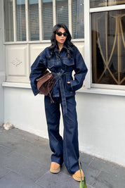Koyu Lacivert Beli Bağlamalı Denim Ceket Pantolon Takım SY-2884-Lacivert