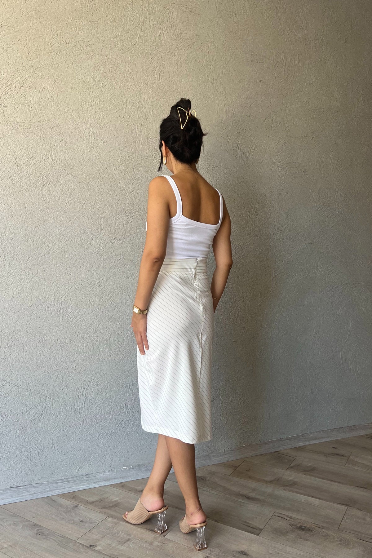 Beyaz Çizgili Midi Boy Etek SY-1642-Beyaz