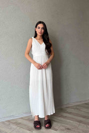 Beyaz Örme Detaylı Müslin Midi Boy Elbise SY-1982-Beyaz