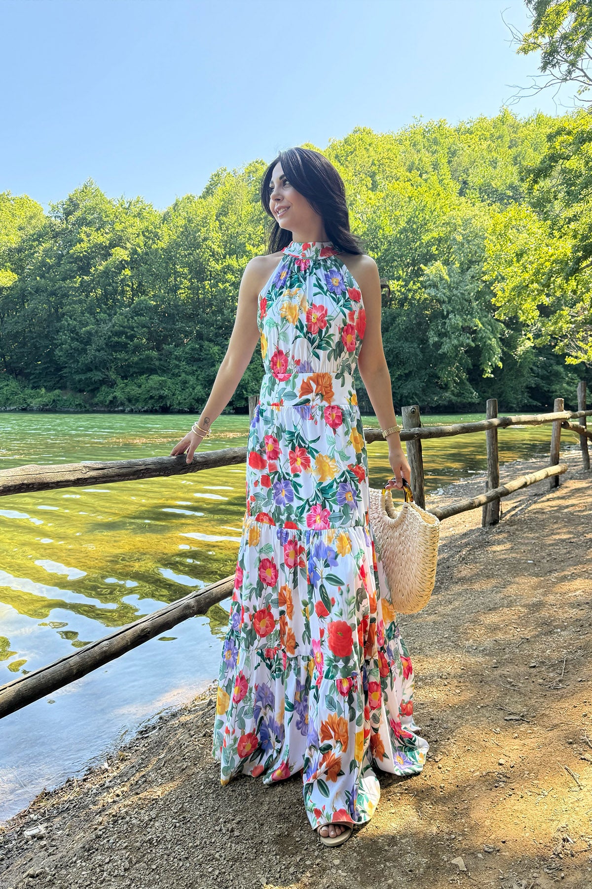 Halter Yaka Çok Renkli Çiçekli Elbise SY-3232-Renkli