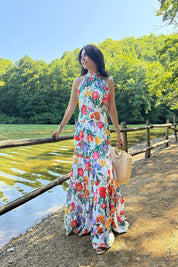 Halter Yaka Çok Renkli Çiçekli Elbise SY-3232-Renkli