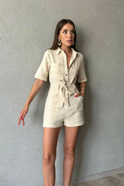 Naturel Düğmeli Kuşaklı Kısa Tulum SY-0563-Naturel