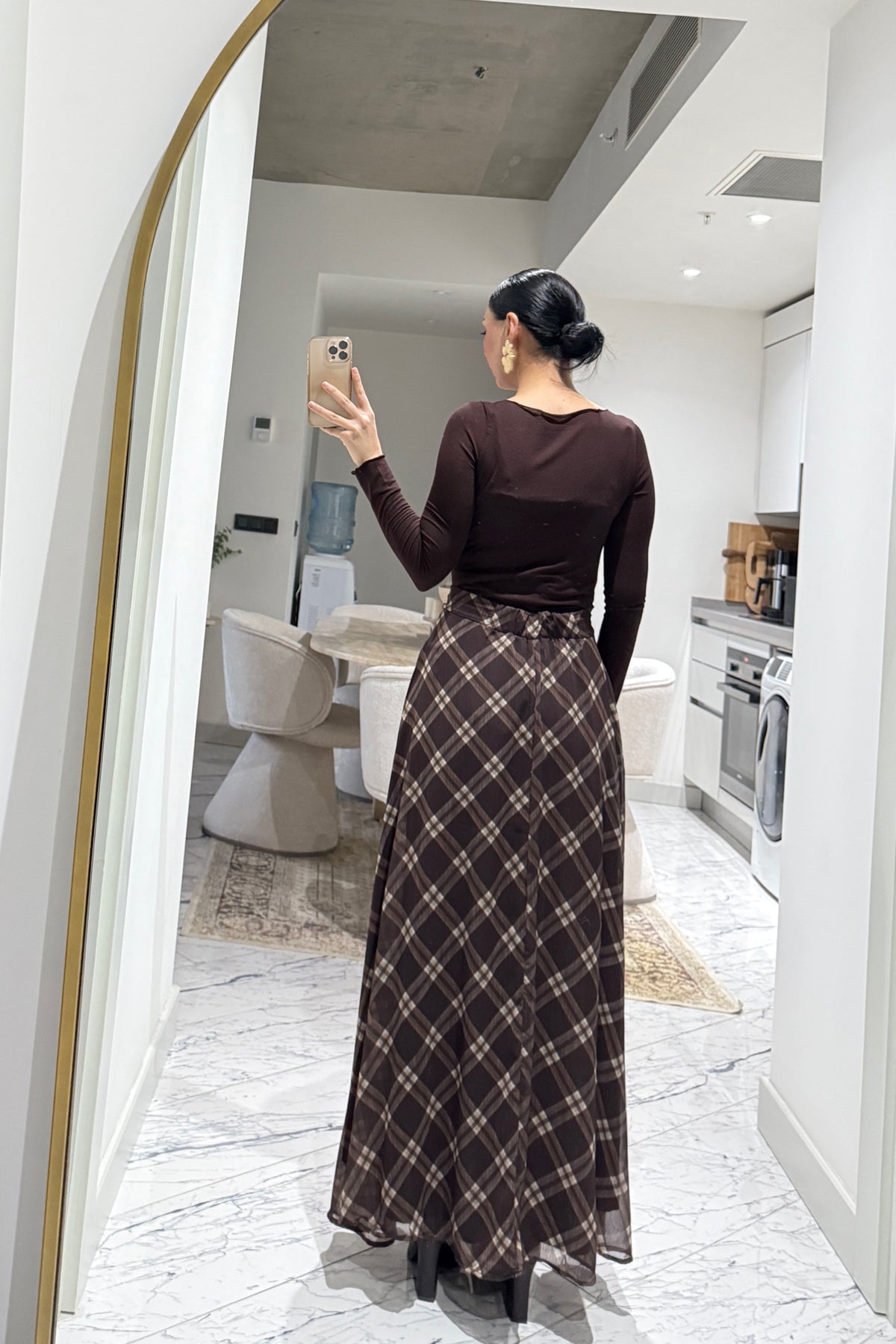 Kahve Ekose Desenli Şifon Etek SY-3558-Bordo