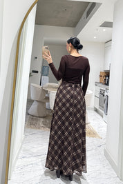 Kahve Ekose Desenli Şifon Etek SY-3558-Bordo